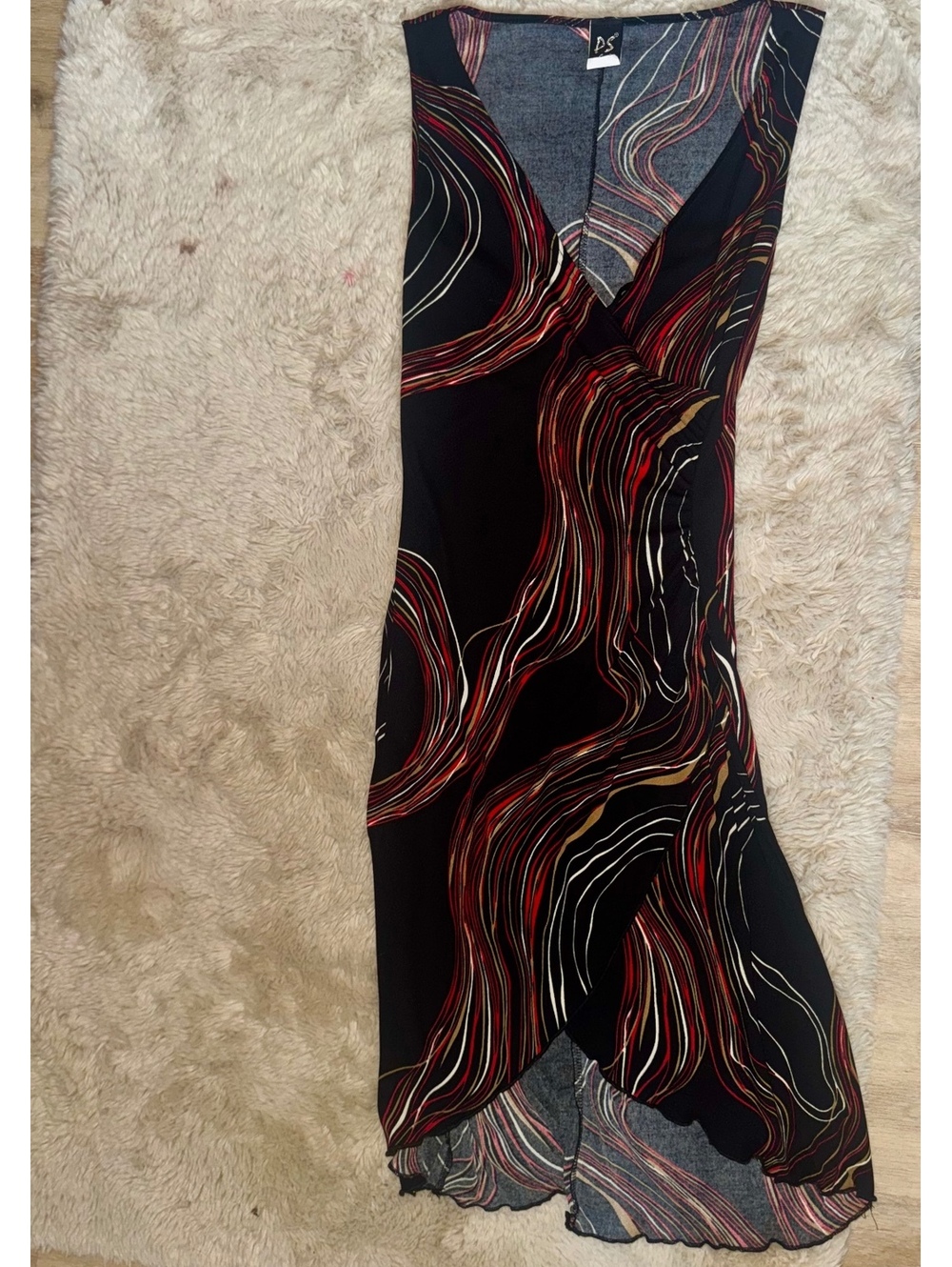 Vintage 90s Abstract Print Midi Dress Black Red Art Deco Stretch Bodycon